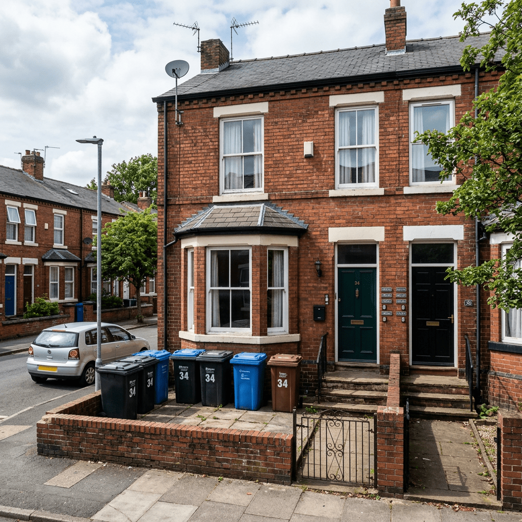 Brick semi-detached house with green and black doors and six recycling bins outside