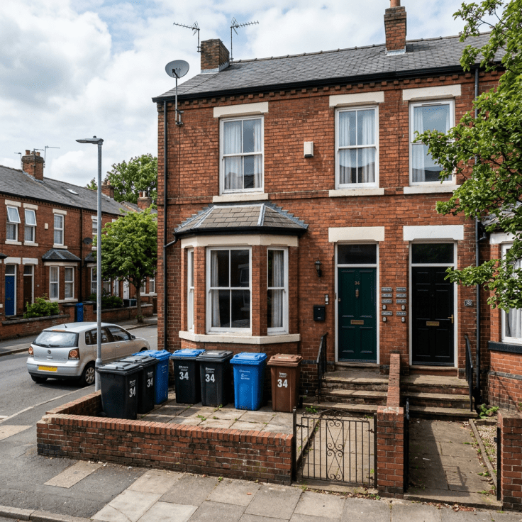 Brick semi-detached house with green and black doors and six recycling bins outside