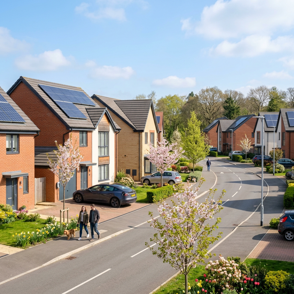 Suburban street with houses having solar panels and people walking dogs