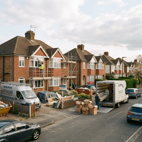 Two men loading a sofa into a moving truck beside homes under renovation