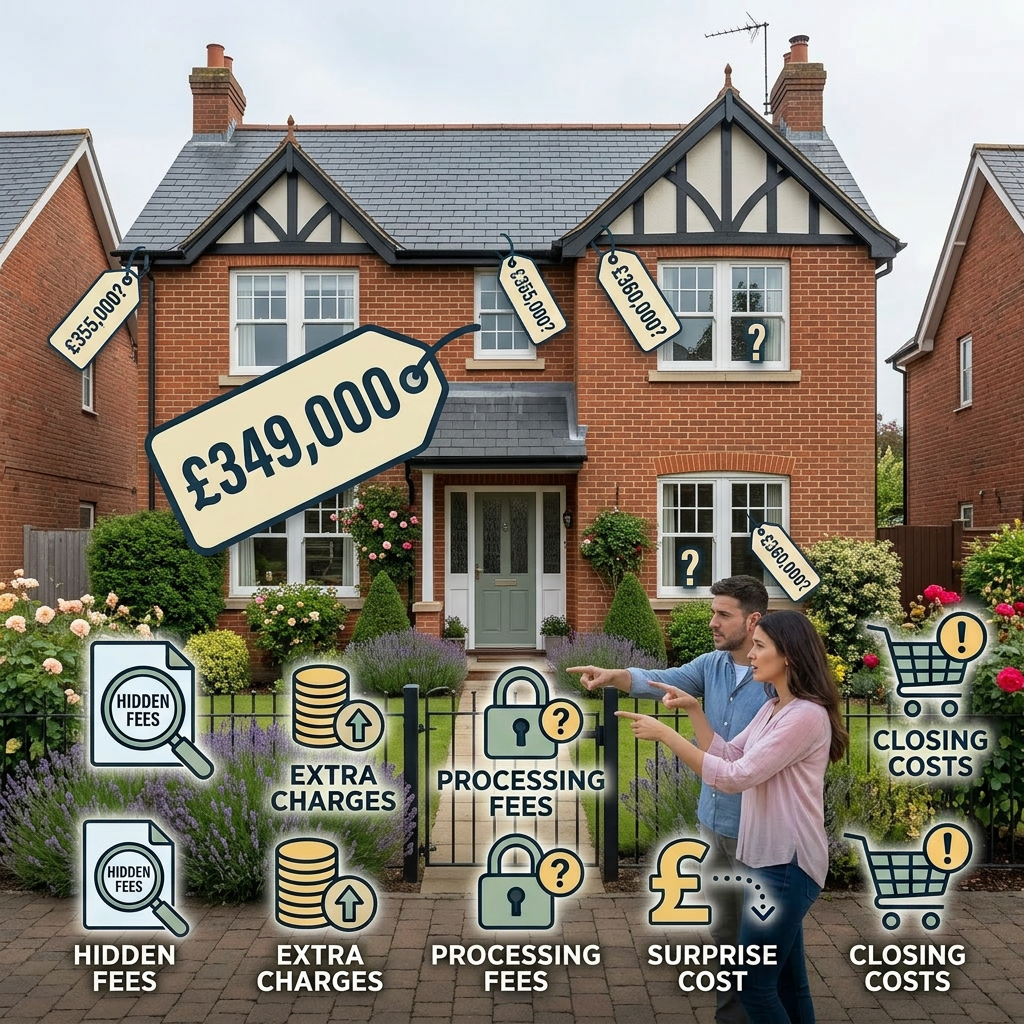 House with price tags and icons representing hidden fees, extra charges, processing fees, surprise cost, and closing costs