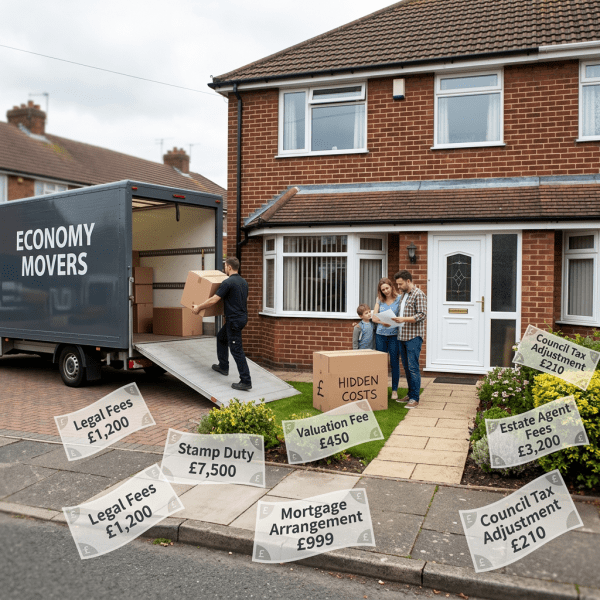 Family standing outside a house with moving boxes and labeled hidden cost fees around them