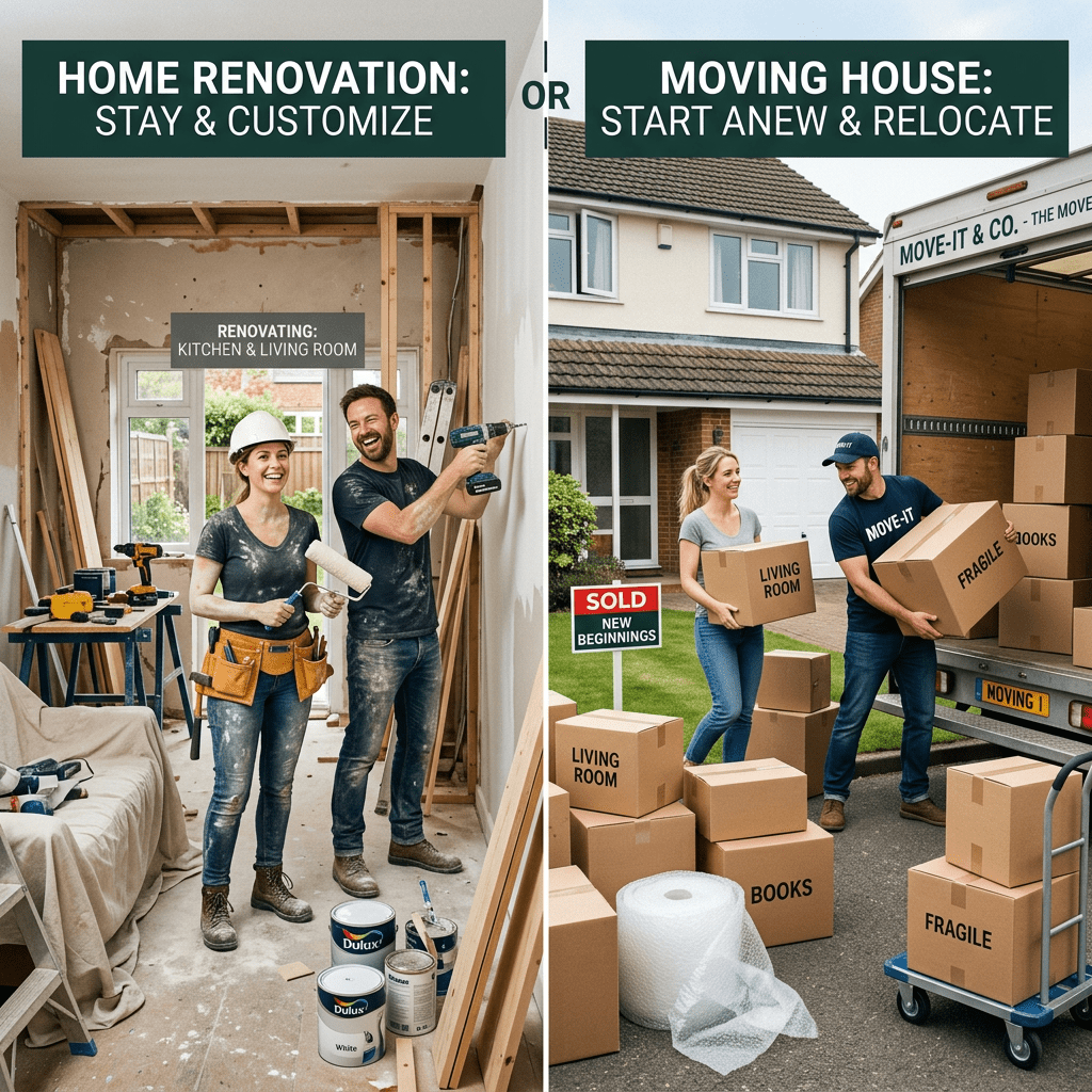 Couple renovating kitchen and living room on left; couple moving boxes out of house on right.