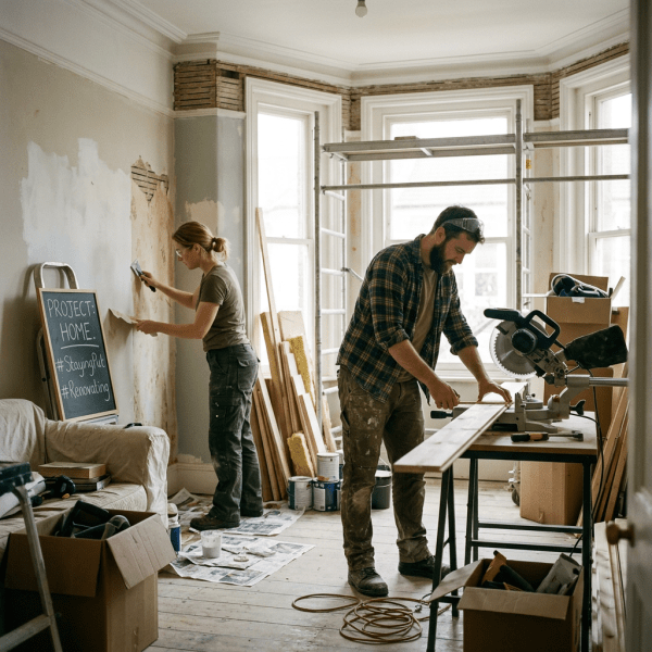 Couple renovating a room with stripped walls and woodworking