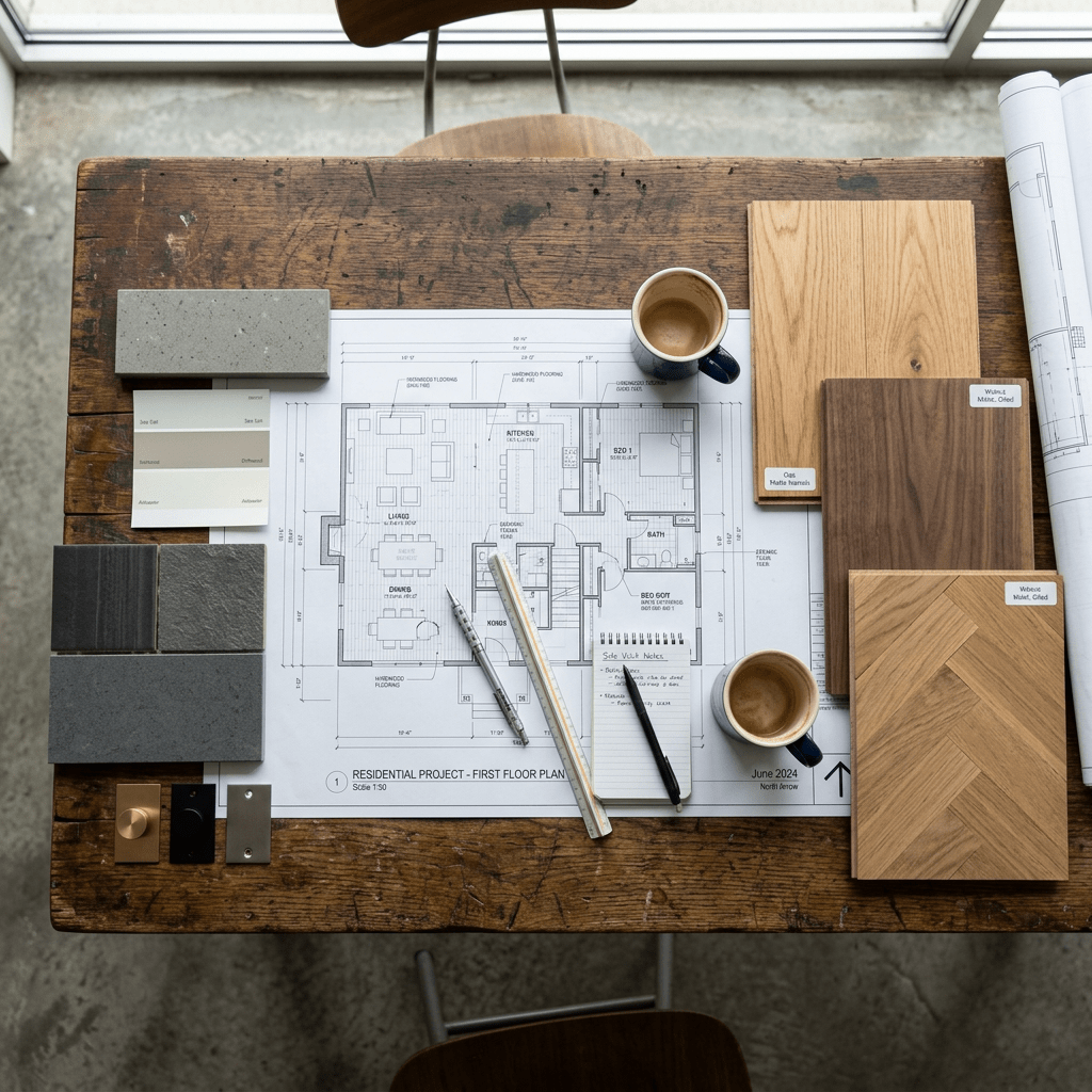 Residential floor plan with wood and tile samples, two coffee cups, ruler, and pens on wooden table