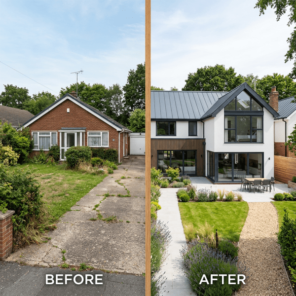 Side-by-side comparison of an old brick bungalow and a renovated modern two-story house with landscaped garden