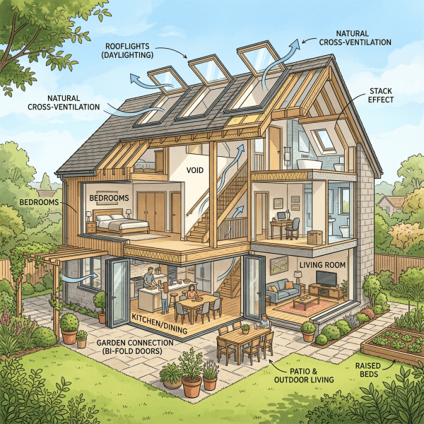 Cross-section of a multi-story home showing bedrooms, living room, kitchen/dining, natural cross-ventilation, rooflights for daylighting, stack effect, patio, and raised garden beds.
