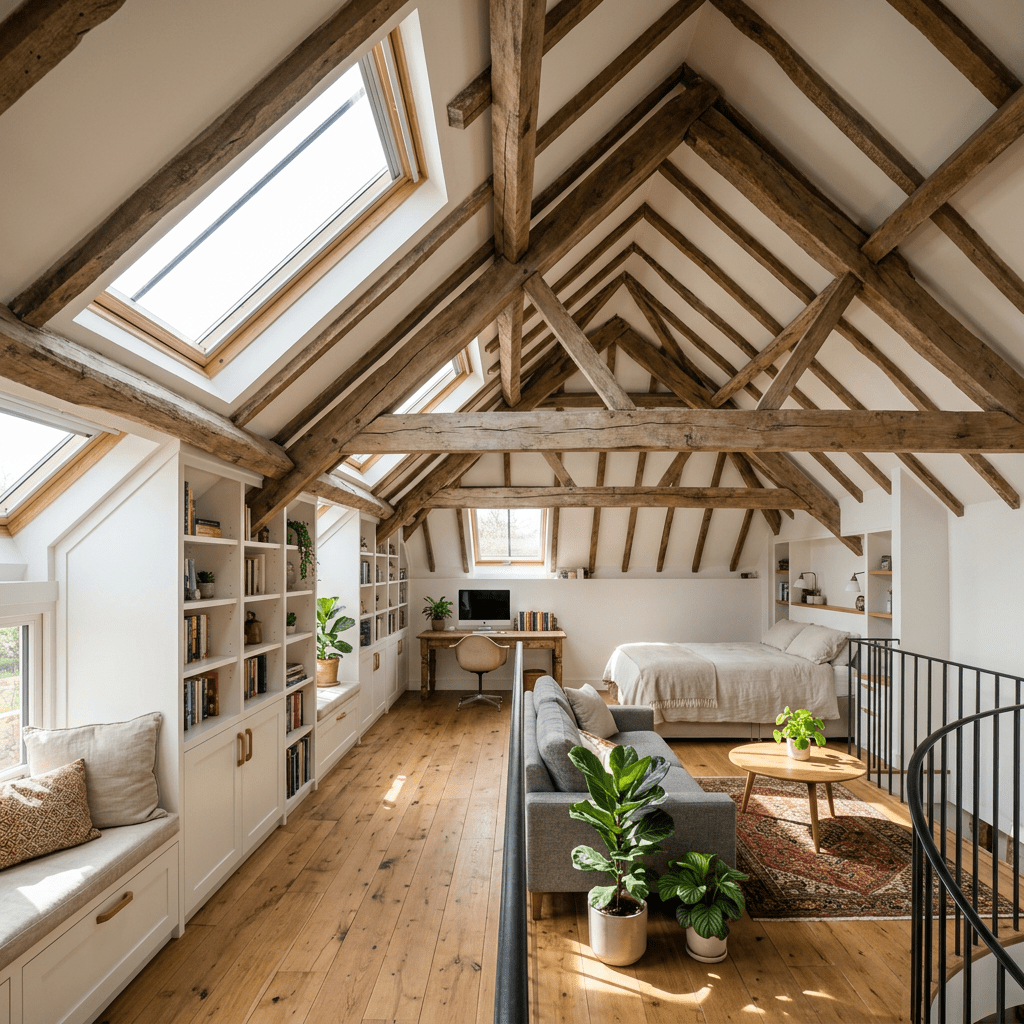 Attic room with wooden beams, sofa, bed, desk, bookshelves, and plants
