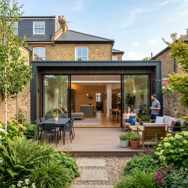 Backyard patio with outdoor furniture and glass sliding doors leading to modern home interior