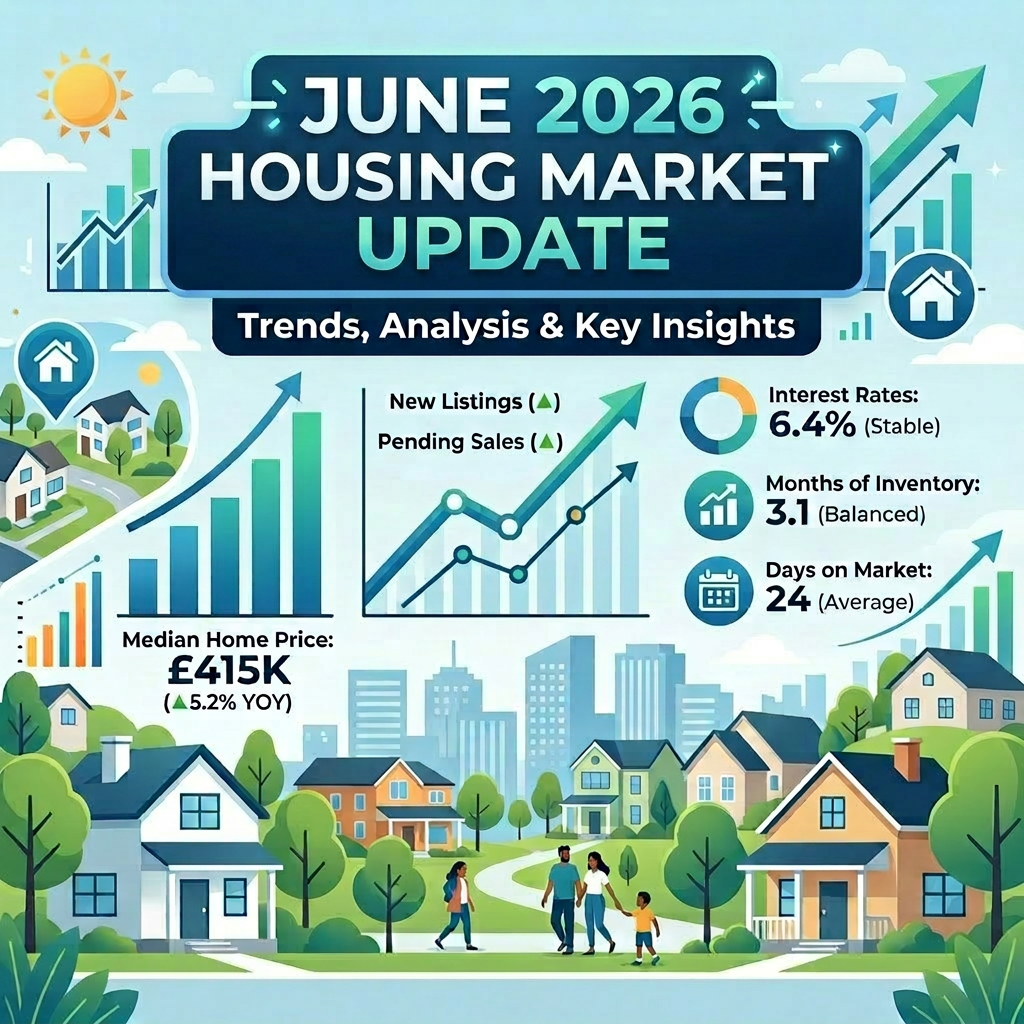 June 2026 housing market update showing median home price $415K, interest rates 6.4%, months of inventory 3.1, and days on market 24.