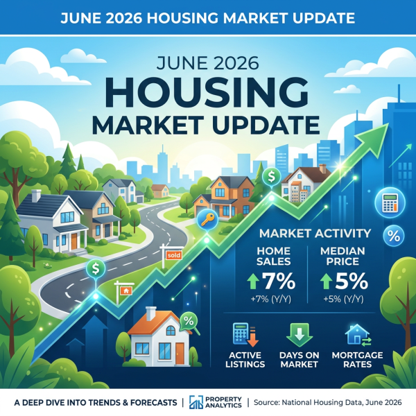 June 2026 housing market update with 7% increase in home sales, 5% rise in median price, and indicators for active listings, days on market, and mortgage rates.