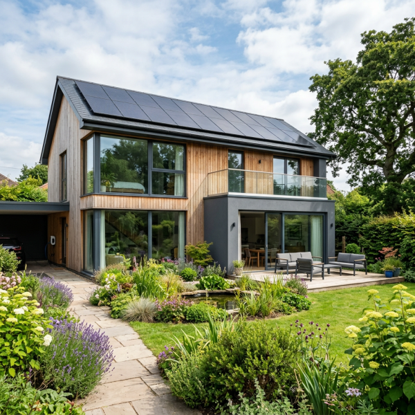 Two-story contemporary home with solar panels on roof and landscaped garden