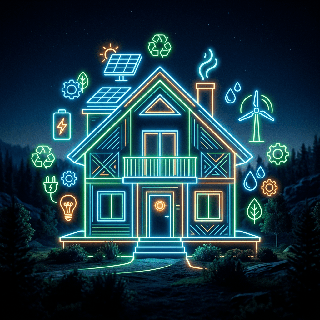Neon outline of a house with solar panels, wind turbine, recycling, and energy icons