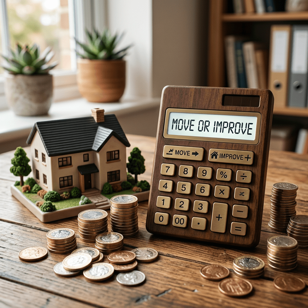 Calculator showing 'Move or Improve' with house model and stacked coins
