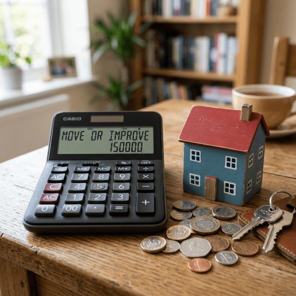 Calculator showing 'MOVE OR IMPROVE 150000' beside a small house model, coins, and keys on a wooden table