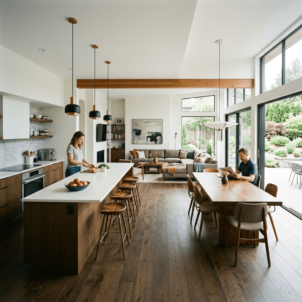 Open kitchen and living room with woman chopping vegetables and man reading at dining table