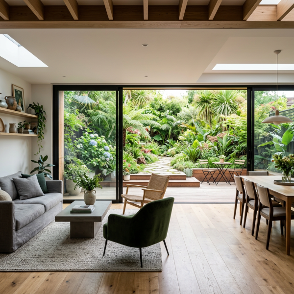 Living room and dining area with large glass doors opening to a lush green garden with stone pathway