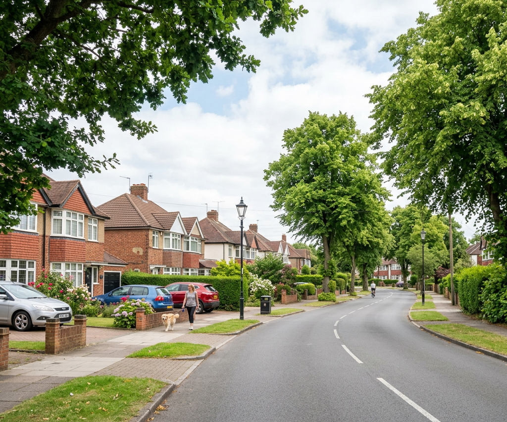 Suburban residential street with houses, trees, and a woman walking a dog