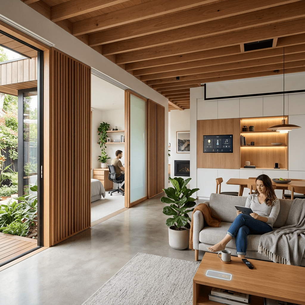 Adaptable open-plan home with sliding partitions and hidden smart tech