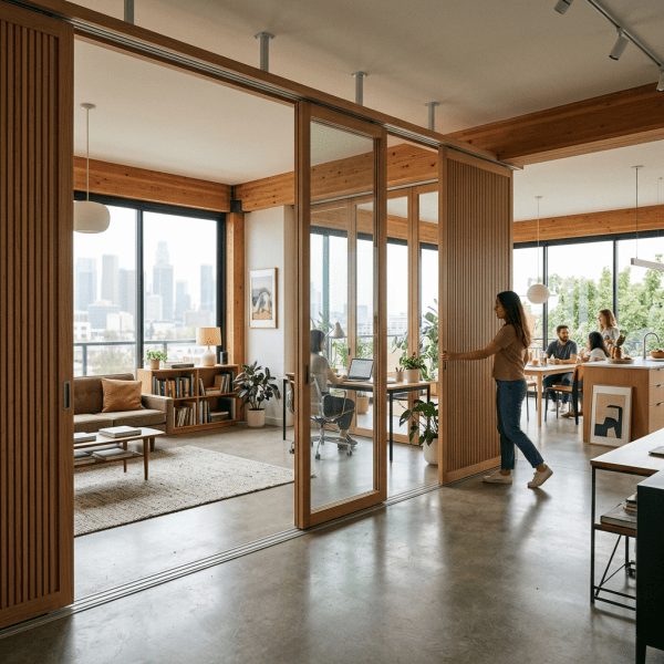 Adaptable open-plan interior with sliding partitions