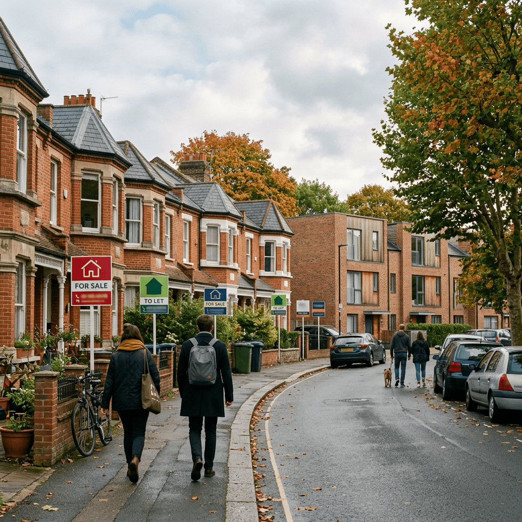 Autumn residential street with historic homes and multiple property signs