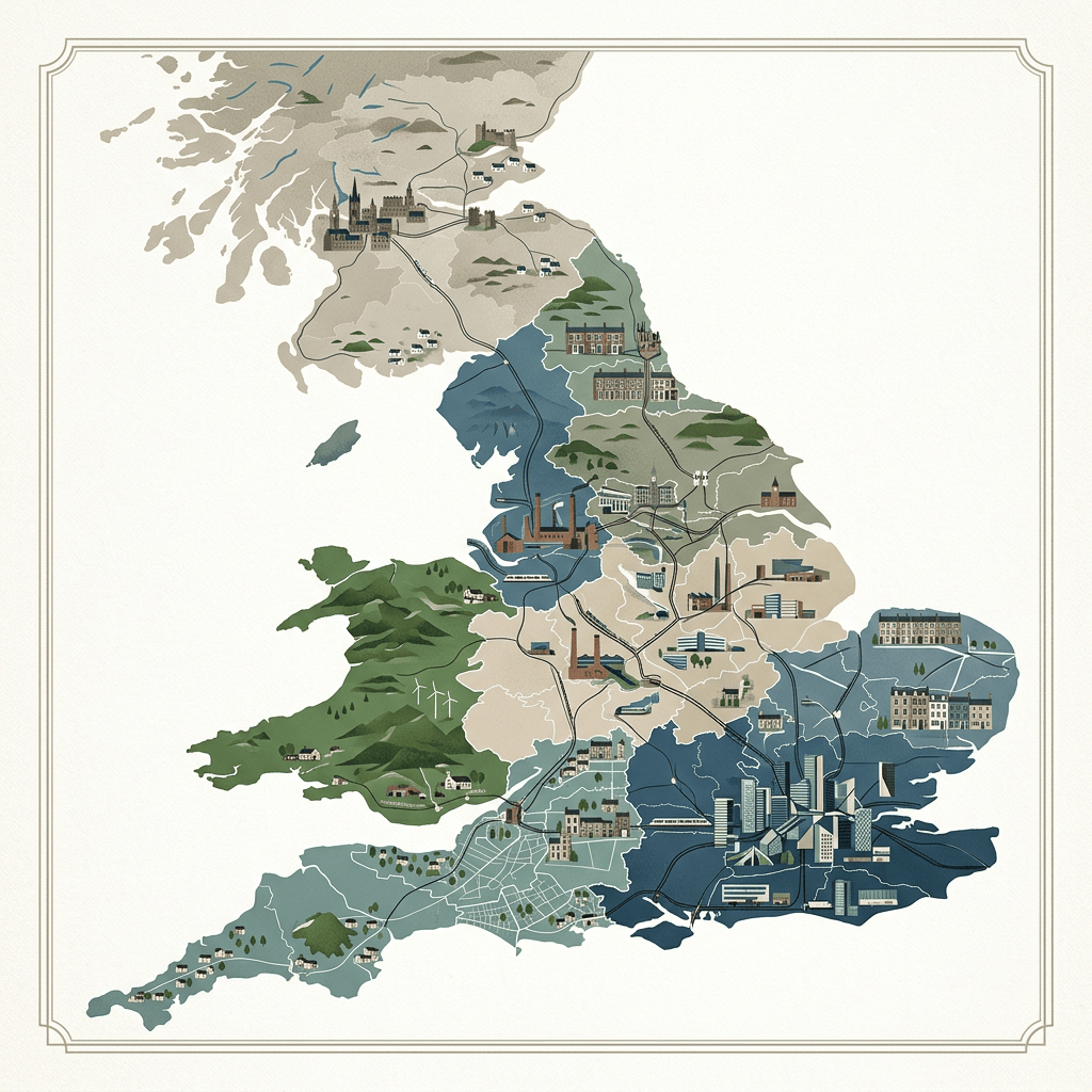 Illustrated map of the United Kingdom with cities, landscapes, and transport routes