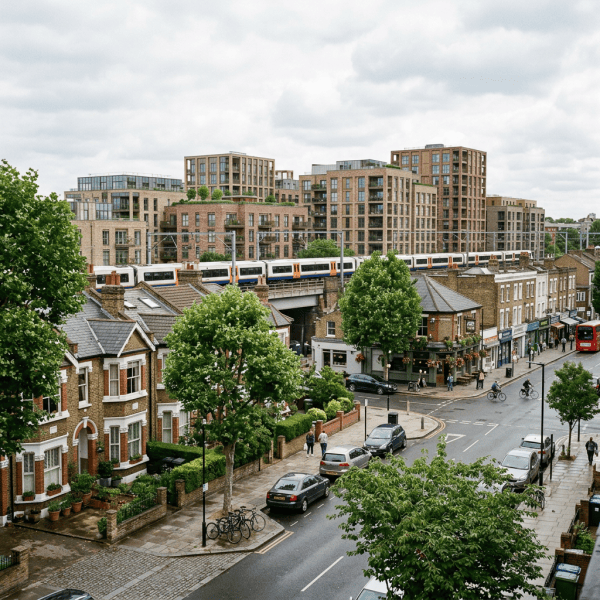 Commuter train passing modern apartments above a tree-lined neighborhood street