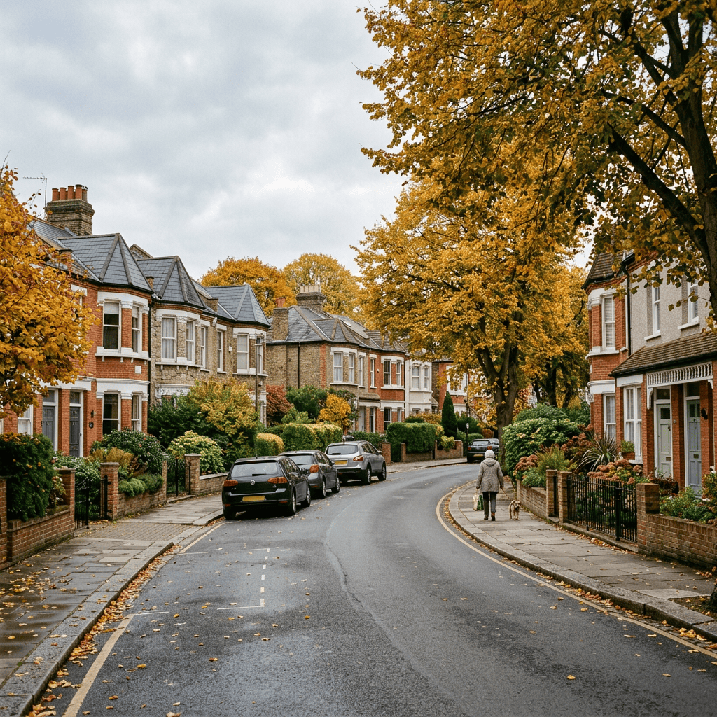 Residential street lined with brick homes and golden autumn trees