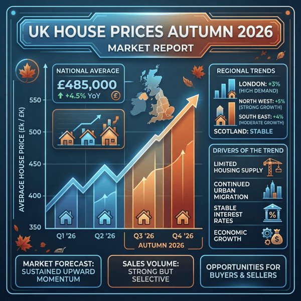 UK house prices autumn 2026 market report showing £485,000 average and regional growth trends