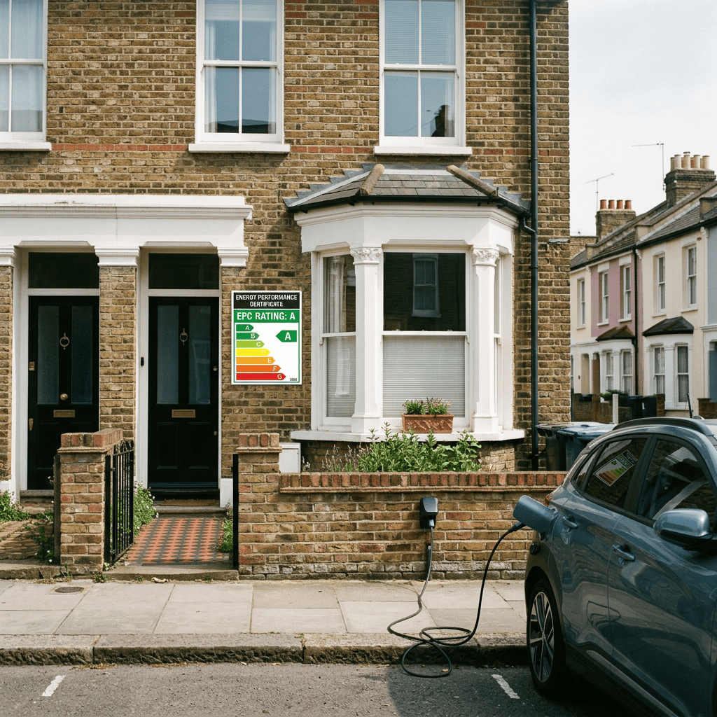 Terraced home with EPC rating A and electric car charging outside