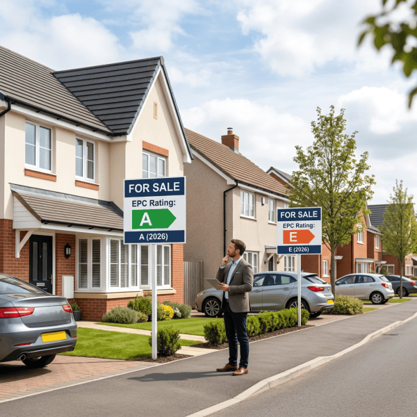 Man comparing homes for sale with EPC ratings A and E