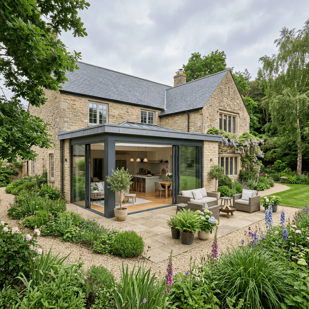 Stone country house with glass extension surrounded by flowering garden