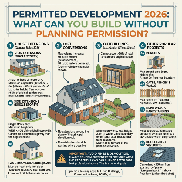 Infographic titled “Permitted Development 2026: What Can You Build Without Planning Permission?” covering house extensions, loft conversions, outbuildings, porches, gates, driveways, and rooflights, with size and placement limits plus a warning to check current local rules.